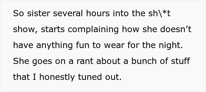 Text excerpt about a sister complaining about having nothing fun to wear during a family event.