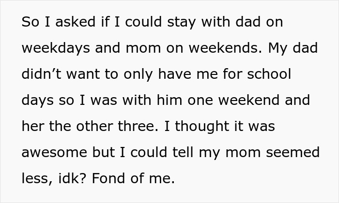 Text excerpt about a daughter wanting to stay with dad and noticing mom&rsquo;s change in affection after divorce.