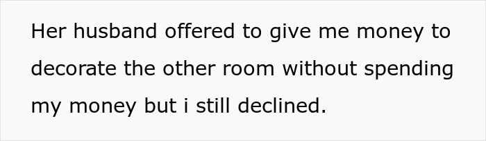 Text image showing a statement about declining money offered to decorate a room, related to a teen accused of crushing half-sister&rsquo;s Christmas dreams.
