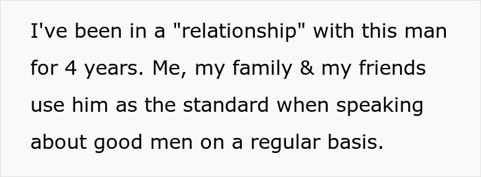 Text about a woman realizing her 4-year relationship was not what she believed, discovering she was the mistress all along.
