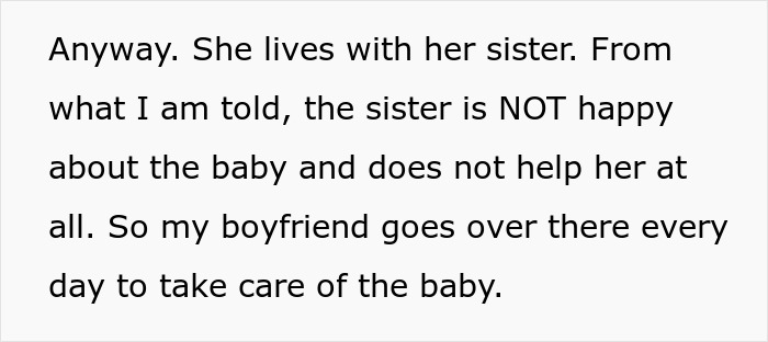 Text excerpt showing a man stepping into hero mode for pregnant ex by helping raise her baby while the girlfriend walks away from the mess.