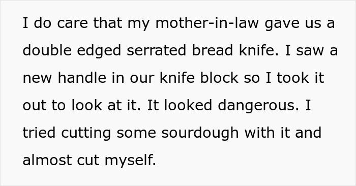 Text describing concerns about a dangerous double-edged serrated bread knife given by mother-in-law.