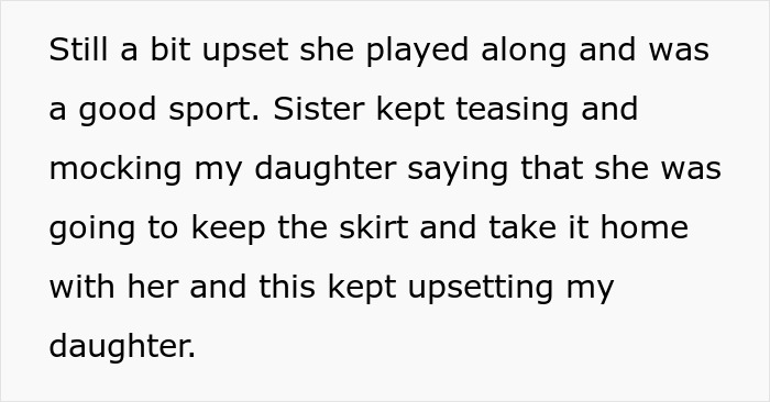 Upset child upset over stolen skirt by woman, who lied about the incident after being caught red-handed.