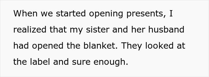Text excerpt about family opening presents and a heated blanket revealed by sister and husband Text excerpt about family opening presents and a heated blanket revealed by sister and husband