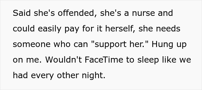 Text message describing a nurse offended by unpaid dates, needing support, and hanging up instead of FaceTiming.