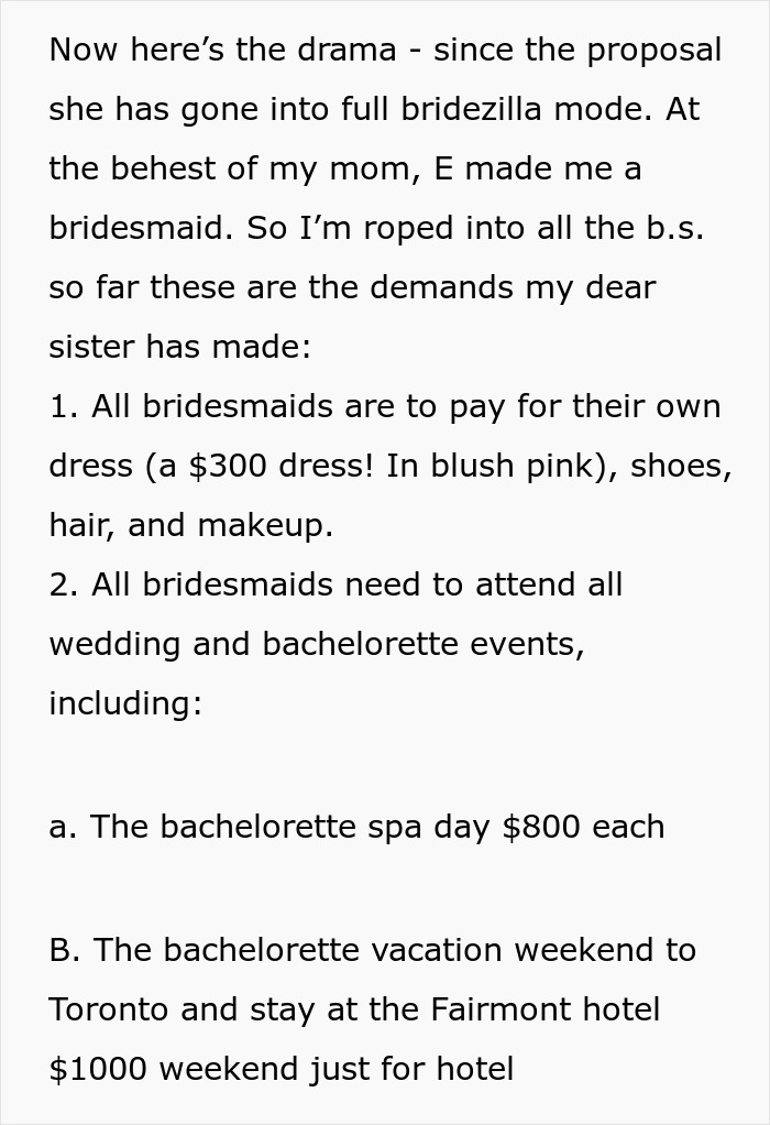 Text excerpt describing a sister&rsquo;s escalating bridezilla demands causing family conflict in wedding planning drama.