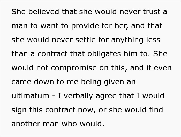 Text discussing a woman forcing her boyfriend to sign a contract securing her a share of his income for life.