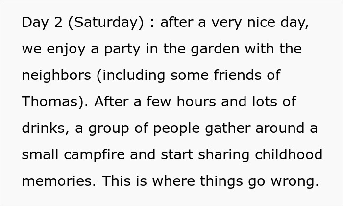 Text on screen describing a garden party where people share childhood memories leading to a conflict.