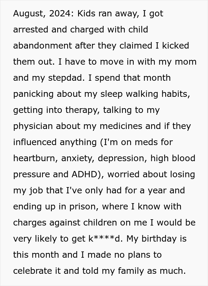 Dad accused of horrific things by kids, arrested for child abandonment, struggles with therapy and job loss in August 2024.