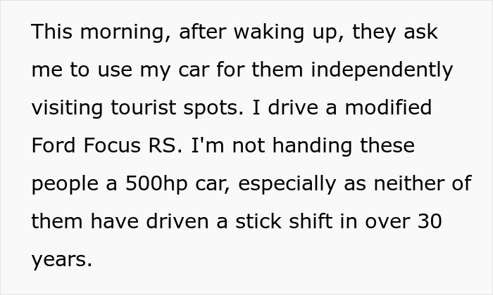 Young couple faces problems as girlfriend&rsquo;s parents insist on suite bedroom and borrowing boyfriend&rsquo;s car during their visit.