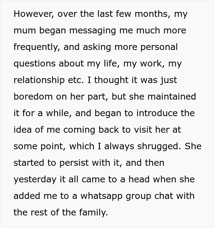 Text discussing family communication changes and forgiveness related to a man involved in a past conflict with his brother.