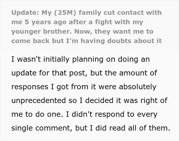 Text excerpt from a family update about forgiving a man for beating his brother five years ago and his reaction to their tone.