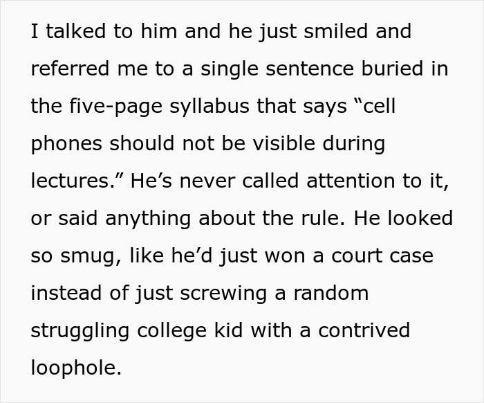 Text excerpt showing a student&rsquo;s complaint about a professor enforcing a phone rule without warning in class.