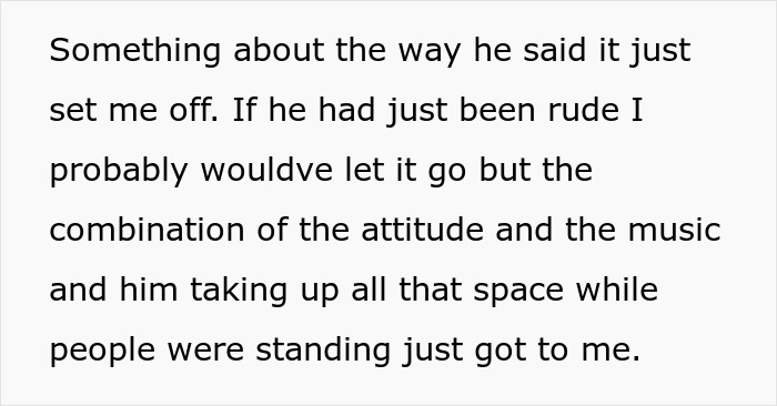 Text excerpt showing frustration with a loud teen treating a crowded metro like his living room.