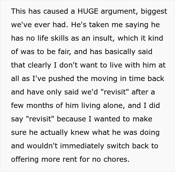 Text discussing a man lacking life skills who resists learning chores before moving in with his girlfriend.