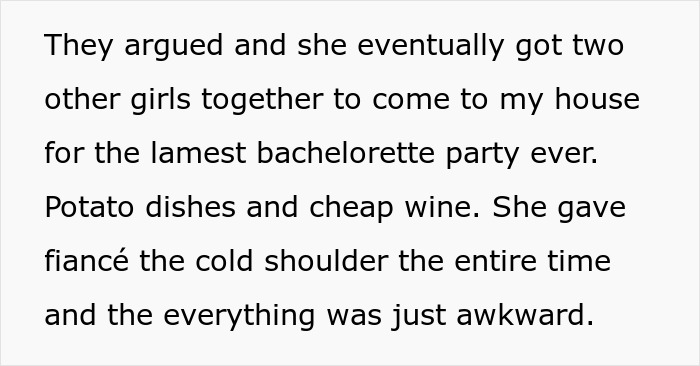 Text excerpt describing a low-effort bachelorette party, highlighting a groom&rsquo;s complaint and maid of honor&rsquo;s fallout.