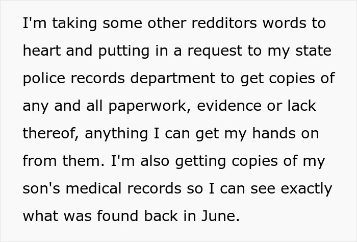 Text about a dad requesting police and medical records while dealing with accusations from his own kids.