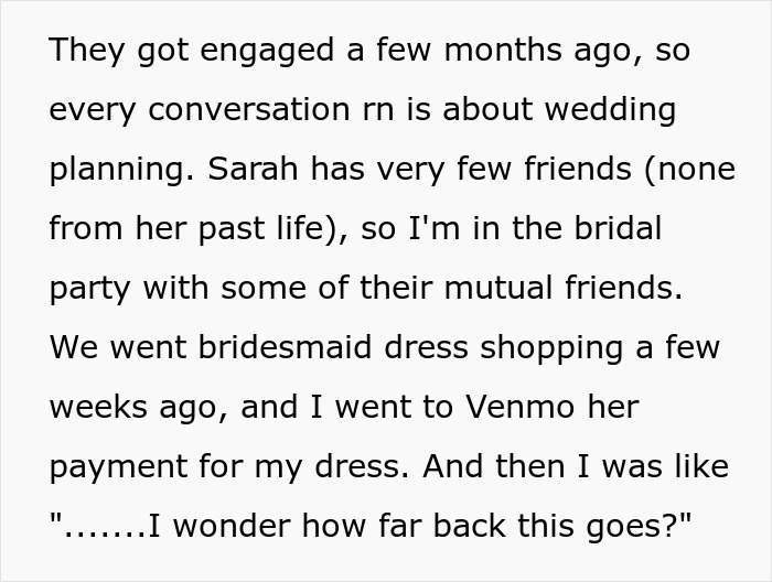 Text excerpt about wedding planning and a Venmo search uncovering a fianc&eacute;e's fabricated past, including widow status.