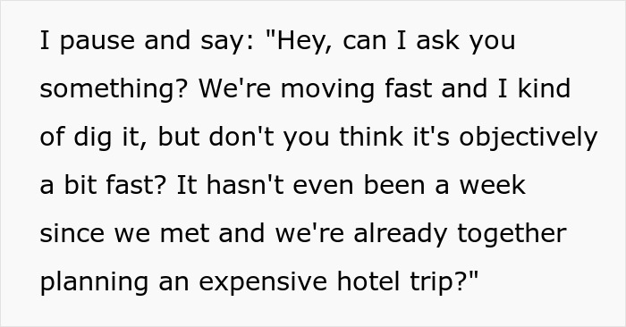 Text message conversation about moving fast in a relationship and planning an expensive hotel trip after two dates.
