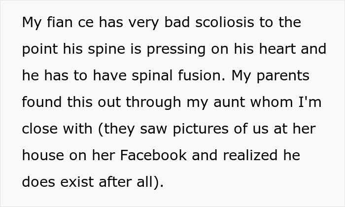 Text explaining fiancé's severe scoliosis and parents disowning adult worker daughter after discovering him online. Text explaining fiancé's severe scoliosis and parents disowning adult worker daughter after discovering him online.