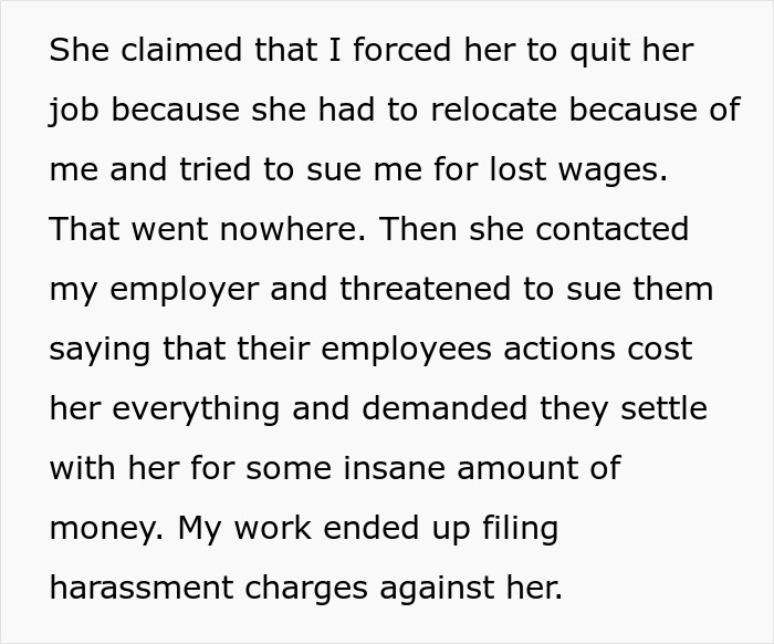 Text excerpt about an unemployed woman involved in disputes over job loss, legal threats, and harassment charges.