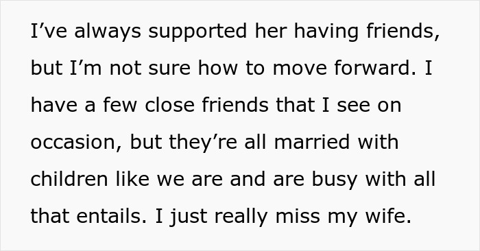 Man suspects wife: text block of husband saying he misses his wife, unsure how to move forward with her lesbian bestie