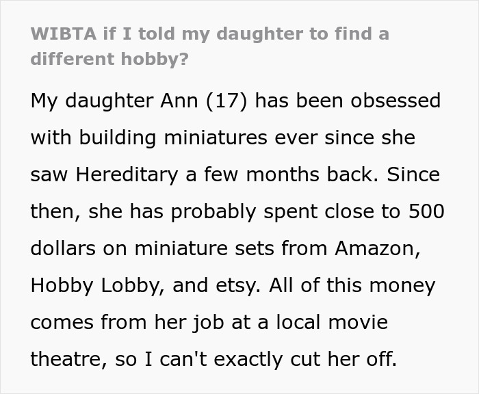 Mom feeling resentment as her daughter spends money on building tiny cottages instead of becoming a cheerleader. Mom feeling resentment as her daughter spends money on building tiny cottages instead of becoming a cheerleader.