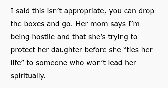 Text conversation about an extremely religious lady trying to convert her daughter's unreligious boyfriend before he leads her spiritually.