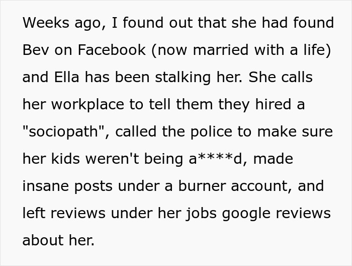 Text describing obsessive stalking behavior damaging relationships, highlighting fianc&eacute;e&rsquo;s bully and stalking issues.