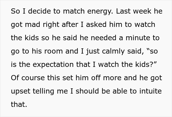 Text excerpt showing a fed up wife matching useless hubby&rsquo;s energy, highlighting tension over childcare expectations.