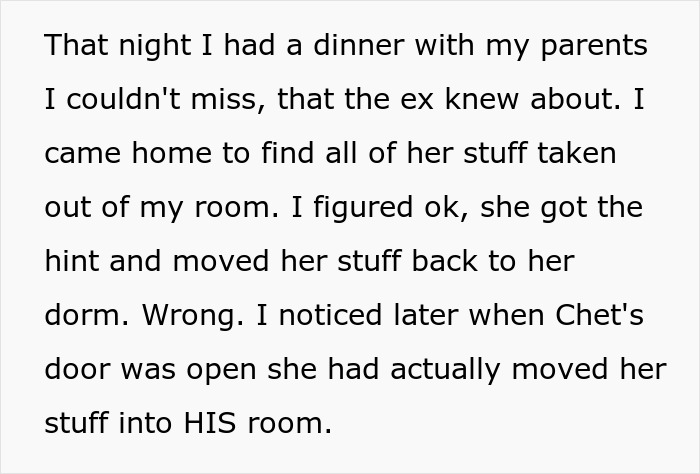 Text describing a guy suspecting his girlfriend is cheating with his roommate, noticing her moving stuff into his roommate&rsquo;s room.
