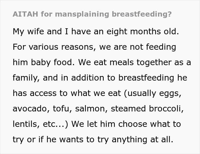 Childless Sis Keeps Lecturing Man About Baby Food, Livid When He &ldquo;Mansplains&rdquo; Breastfeeding To Her