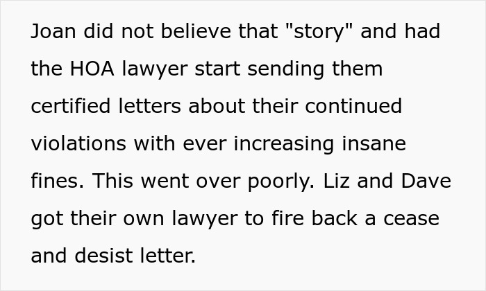Text excerpt describing HOA president&rsquo;s power-trip harassment escalating to legal conflict with a couple&rsquo;s lawyer response.