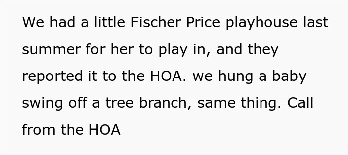 Text message describing neighbors complaining to HOA about backyard play equipment like a playhouse and baby swing.