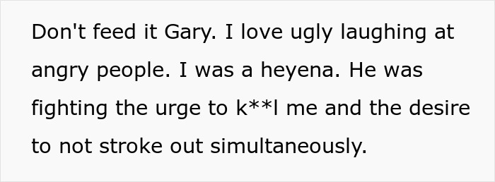 Text showing a person describing using theatrics to get revenge on a workplace bully, causing fear and humiliation.