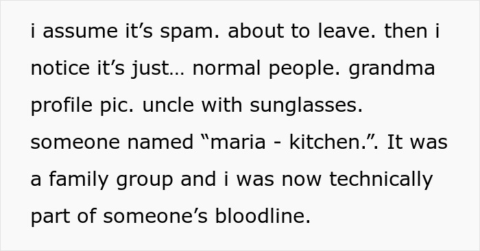 Text excerpt describing a guy added to a random family group chat and becoming emotionally invested over months.