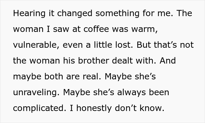 Text excerpt showing a man feeling torn between his husband and his mother-in-law after secretly helping her.