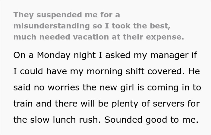 Text excerpt about waiter suspended by boss, describing a misunderstanding and taking a vacation during the suspension period.