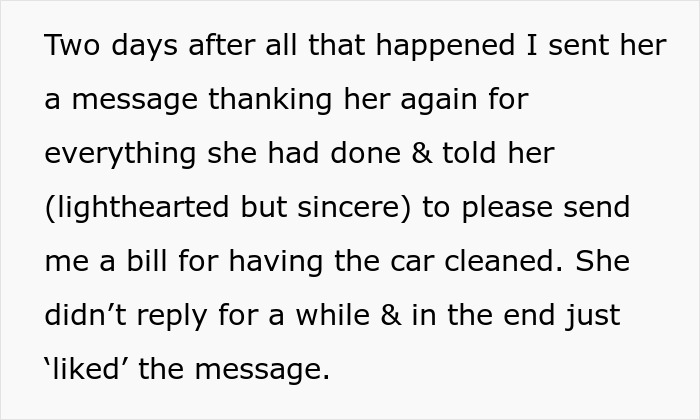 Text passage describing a message sent after a woman gives birth in friends' car, highlighting confusion and silence afterward.