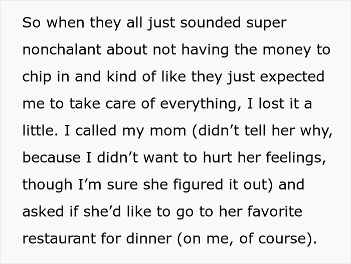 Text excerpt about bros too broke to pitch in for mom&rsquo;s birthday gift and irate sister taking mom out for dinner instead.