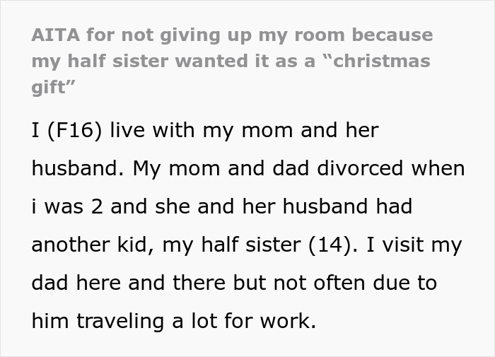 Text post about a teen accused of crushing half-sister&rsquo;s dreams by refusing her Christmas gift request.