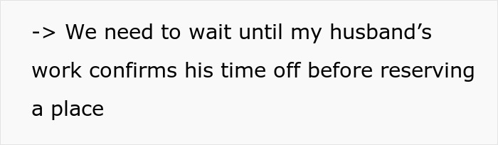 Text message discussing waiting for husband's work to confirm time off before reserving a place, related to baby shower planning.