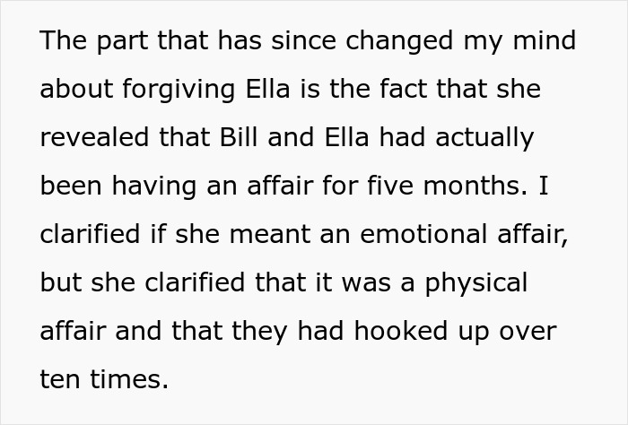 Text excerpt describing a man discovering his wife&rsquo;s cheating involved a physical affair lasting five months.