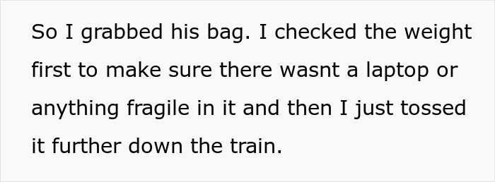 Text excerpt from a fed-up rider describing how they tossed a loud teen's bag on a crowded metro train.