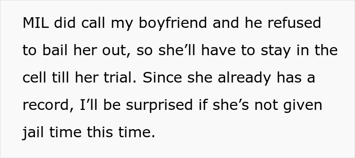 Text showing a family drama where a police officer arrests his own mother-in-law for violent behavior and refusal to bail her out. Text showing a family drama where a police officer arrests his own mother-in-law for violent behavior and refusal to bail her out.