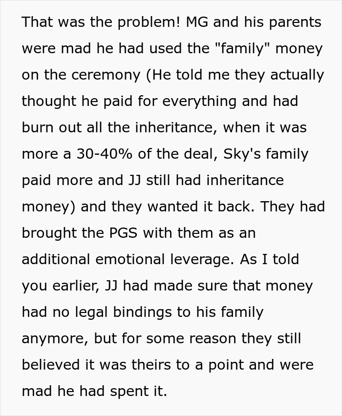 Text explaining family conflict over inheritance money spent on a gay son's extravagant wedding celebration.