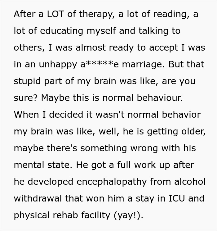 Alt text: Text about wife deciding to live life like her husband and dealing with challenges in their marriage and his health.