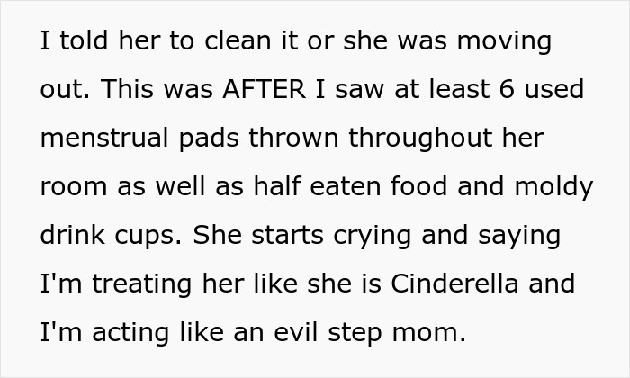 Alt text: bratty teen leaves mess with used pads and moldy cups, stepmom threatens eviction over broken walls and dirty room