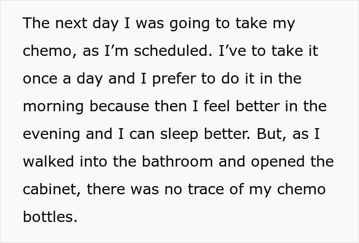 Text describing a man&rsquo;s chemotherapy routine and the unexpected absence of his chemo bottles in the bathroom cabinet.