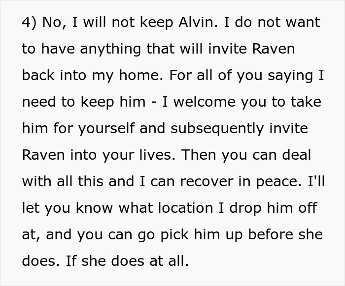 Text excerpt showing a woman refusing to keep a friend’s pet to avoid inviting a problematic person back into her home during surgery recovery. - 75